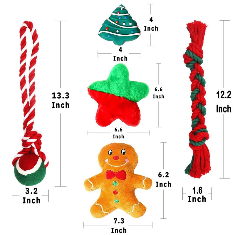 Highland Farms Select Christmas Dog Stocking Gifts Set - Festive Puppy Stocking Variety Pack with Squeaky Toy, Cotton Knotted Rope Toy - 5 Packs - Image 2